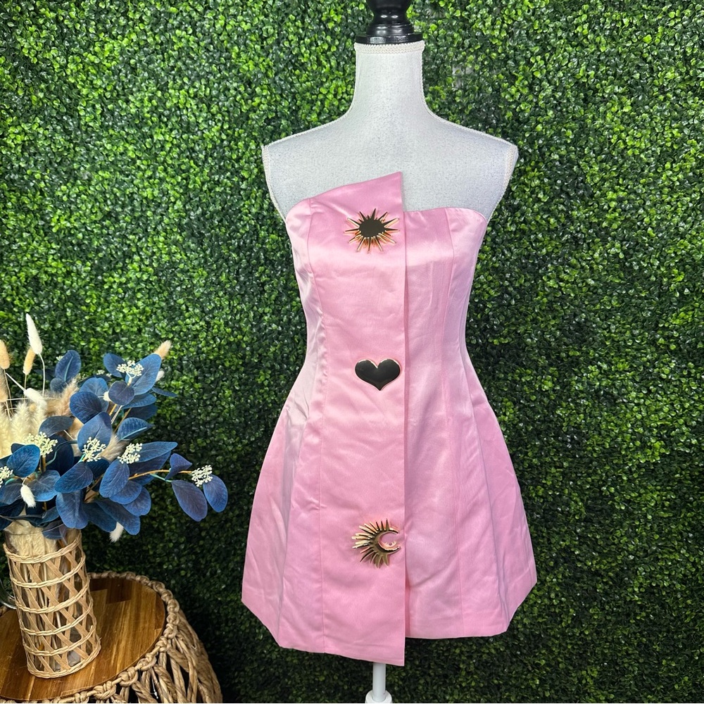 Nwt Commense pink Satin Asymmetrical Embellished Strapless Dress Barbiecore‎ - Picture 7 of 14